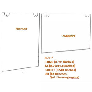 Clear Acrylic WALL Sign Holder [SET A -A4 SHORT 8R LONG LEGAL]1pc PORTRAIT LANDSCAPE PICTURE PHOTO FRAME