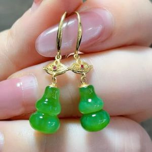 Montagne Jewelry 18k Pure Gold earrings for women Ruby Inset Design Fine Jewellery Natural Lucky gourd Green Jade Earrings Drop Earring