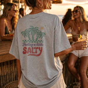 [Local Stock] HBESTY  Tropical Beach Cotton T-Shirt Feeling A Little Salty Summer Vacation Apparel Crew Neck Short Sleeve Gray Palm Trees Checkerboar