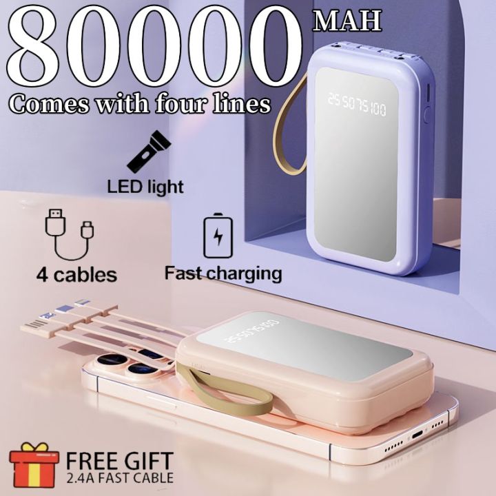 100 Original 80000mah Power Bank 21a Fast Charging Built In 4 Cables Usb Output Double Led 0320