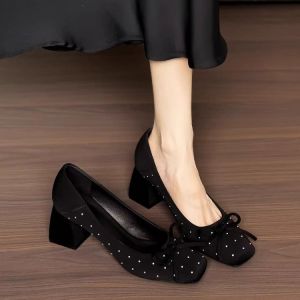 [Free Shipping] Retro Black Polka Dot Square-Toe Chunky Heel High Heels For Women 2026 Summer New Collection Elegant Bow-Knot Flats