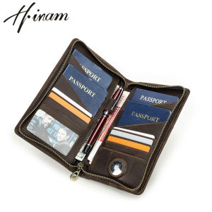Hiram Brand Genuine Leather Men Clutch Wallets With Pen and AirTag Slot Phone Pocket Card Holders Strap Men Travel Passport Cover