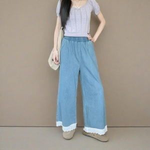 Women’s Lace Trim Loose Blue Long Pants Casual Straight-Leg Pants with Elastic Waistband