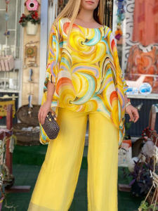 Ladies Colorful Printed Round Neck Chiffon Suit Casual Fashion Chiffon Suit