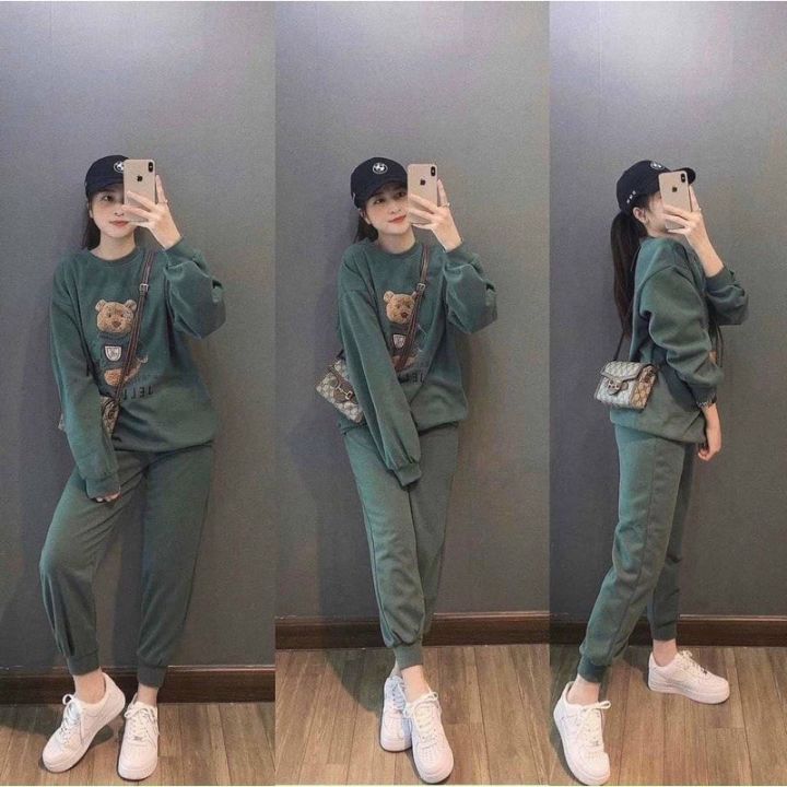 Set bộ nữ, Set bộ chất nỉ áo tay dài sweater hình in gấu dễ thương Kèm ...