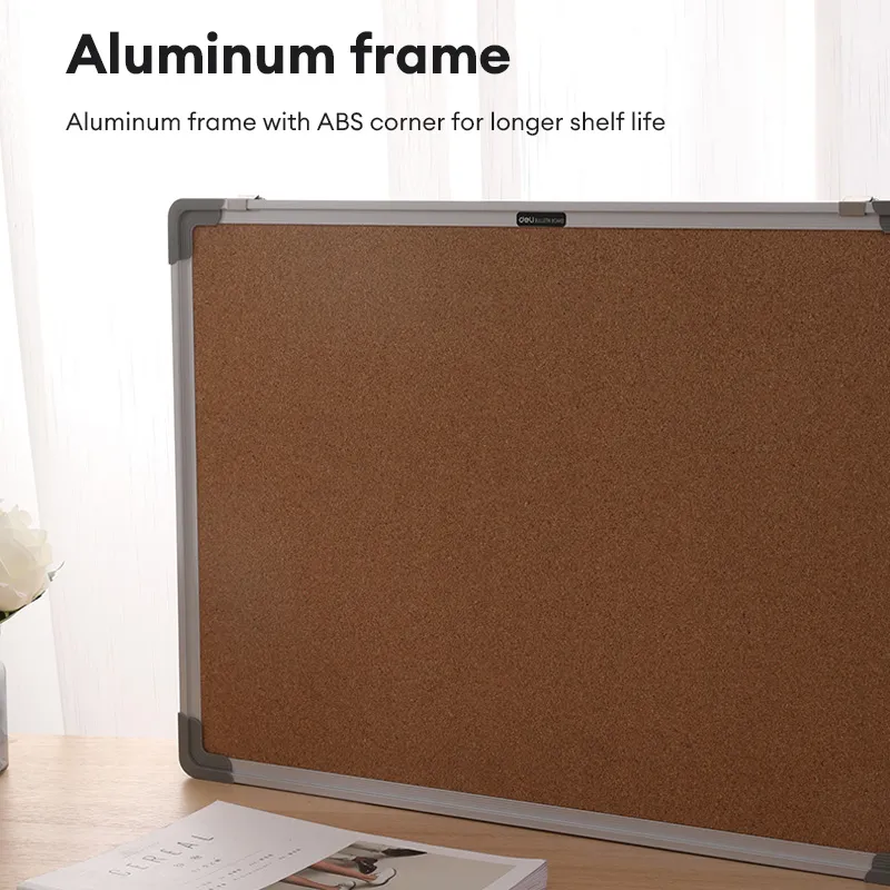 Deli Cork Board 90 x 60cm Hard Fibre Board, Aluminium Frame with ABS Corner, Hangable Holes in Plastic Corners E39053