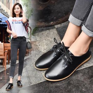 Women Flat Leather Oxford Shoes Summer Lace up Casual White shoes