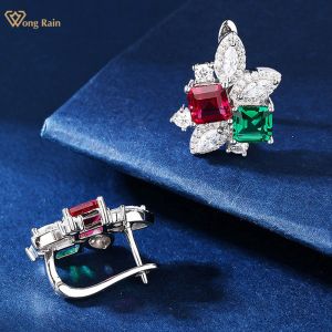 Wong Rain 925 Sterling Silver Asscher Emerald Ruby High Carbon Diamond Gemstone Ear Studs Earrings Fine Jewelry Anniversary Gift