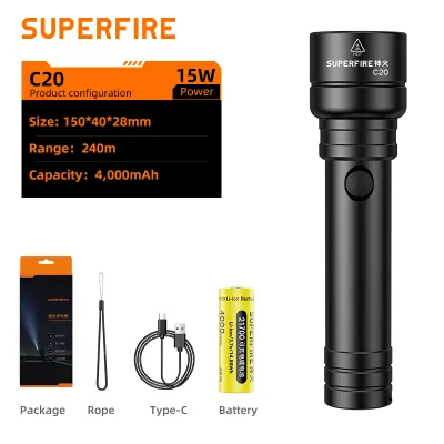SUPERFIRE Heavy Duty Flashlight High Power Torch Light Super Bright LED Tactical Flashlight Type-C Rechargeable 1700 Lumens Flash Light Waterproof Camping Hiking Cycling Outdoor Y16
