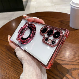 🇹🇭THSO เคสซัมซุงใส้ เคสชาร์จไร้สายชุบสุดหรู พร้ขาตั้งกล้องโลหะ ดึงออกได้ สำหรับ Samsung Galaxy S24Ultra S23Ultra S24 Plus S23 Plus 24 23 หนาเพิ่มและป้องกันการตก