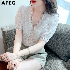 AFEG new Korean V-neck fashion slim and versatile temperament lace short-sleeved blouse for women
