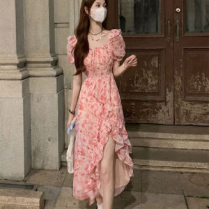 🌟CORE🌟dresses women new style 2025  Korean Style Sweet Pink Floral Dress Women Bubble Sleeve Irregular A-line Dress