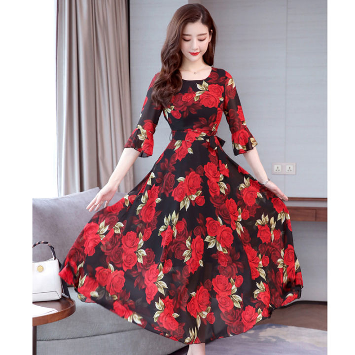 Rui green Women dress Summer Long Dress Fashion Flower Printing Pagoda Half  Sleeve Slim Waist A-line Bohemia Dress