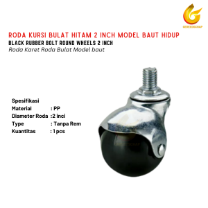 Roda Caster Bulat Hitam 2 Inch Model Baut untuk Kursi dan Trolley - Karet Kuat & Tahan Lama