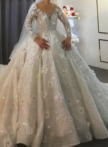 Exquisite Luxury Wedding Dress with Long Sleeves Sewn-on Flowers Glitter and 150 cm Cathedral Royal Train - Opulent Bridal Gown