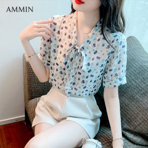AMMIN 2022 summer new French V-neck with streamer design geometric pattern print Chic and beautiful short-sleeved chiffon shirt womens Korean style retro ruffle design elegant blouse female ins tops