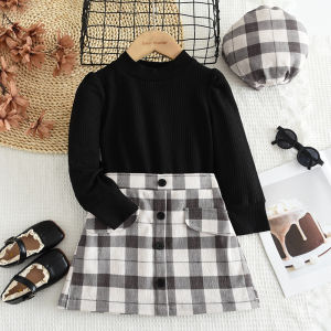 Bear Leader Baby Girls Three Piece Clothes Set Korean Classic Checkered Autumn New Black Long Sleeved Bottom Shirt Tops + Plaid Skirt + Hat Suit Outfits 3-7 Years Casual Kids Clothing