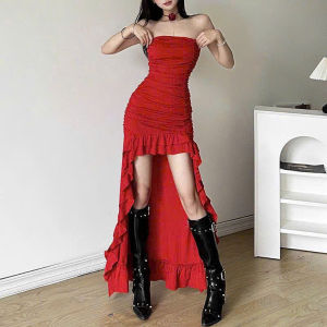 CR_ Đầm nữ quyến rũ đầm dự tiệc váy thiết kế form ống cup ngực chất Lưới nhún bèo đuôi tôm 2 màu đỏ đen