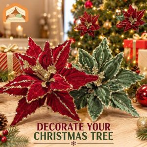 Artificial Poinsettia Glitter Flower Christmas Tree Ornament Stem Decor For Wreath Garland Party