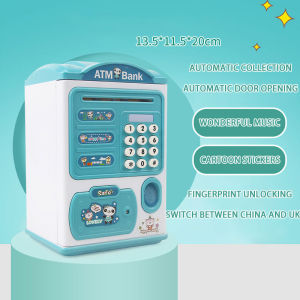 Fingerprint Recognition Electronic Induction Auto Scroll Cute Animal ATM Piggy Bank MINI Cash Box Unlock Cartoon Music Coin Money Machine Automatic Rolling Simulated Saving Safe Bank Box with Password Toys for Kids