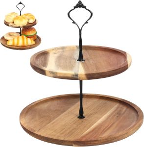 Cupcake Stand with Serving Tray and Metal Rod Rustic Wooden Tiered Cupcake Stand Decorative Tiered Tray Stand Display Dessert Holder for Home Catering Fruit and Sweets Display (2 Big Tier)