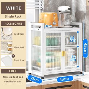 LivinEase Dish Cabinet Kitchen 3Tier White Kitchen Organizer Black Dish Drainer Magnetic Enclosed Dish Cabinet