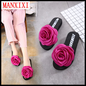 MANXIXI Beautiful 1.18 Inches Wedge Sandals Big Flowers Inlay Rubber Sole Sturdy Flat Slippers For Women (Size 35-40)
