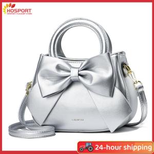 【HOSPORT】Women PU Bow Simple Crossbody Bag Solid Color Top Handle Bag Detachable Strap Designer Small Handbags for Party Vacation
