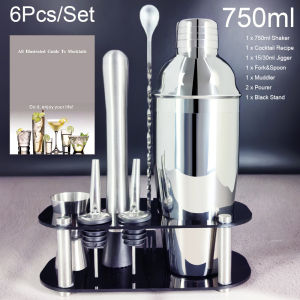 เครื่องเขย่าค็อกเทล6ชิ้น/เซ็ตพร้อมสูตรค็อกเทลสีดำชุดอุปกรณ์บาร์เทนเดอร์เชคเกอร์บาร์บอสตันขนาด750มล. (25ออนซ์)