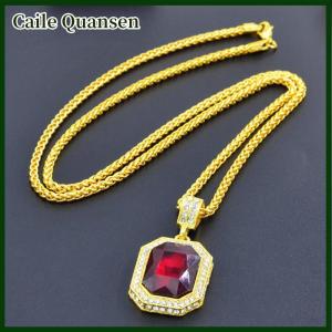 Caile Inlaid Square Ruby Necklace Hip Hop Mens Pendant Red Stone Pendant Vintage Jewelry Costume Accessories