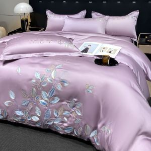 Four piece bedding set light luxury ice silk four piece bedding set embroidered duvet cover set bed sheet four piece set (bed sheet * 1 duvet cover * 1 pillowcase * 2)