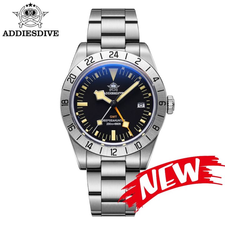 ADDIESDIVE GMT Watches Mens 39mm Diver Luminous Calendar Display