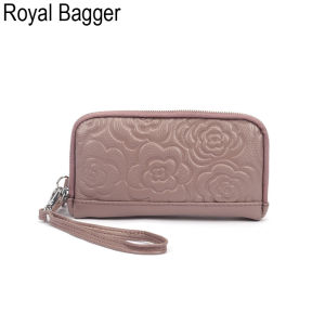Royal Bagger Genuine Cow Leather New Fashion Double Zipper Flower Long Wallet Purse For Women Girls Super Hot High Capacity Clutch Bag Handbag Womens Multifunction Bags Casual Multi-Card Position Wallets