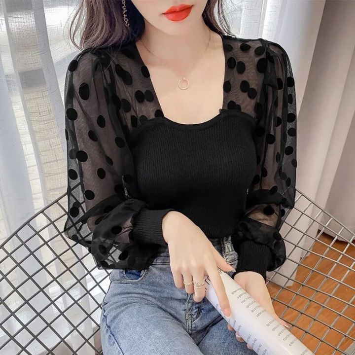 Qearal Women's Puffy Sheer Mesh Long Sleeve Top - Polka Dot, Square Neck, Ribbed, 70% Polyester 30% Nylon
