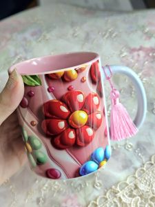 3D Pink/Purple/Blue Flowers Specially Designed Ceramic Mug For a Gift with inner pink colour