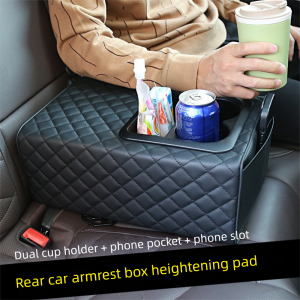 INNEED Height Increasing Vehicle Armrest Box PU Leather Multifunctional Car Center Console Durable Cup Holders Rear Seat Armrest Console Universal Car
