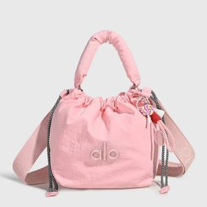 ALO Yoga Cream White Drawstring Bucket Bag Padded Short Handle Adjustable Wide StrapCrossbody Handbag Waterproof Nylon Casual Gym Shoulder Bag For Women