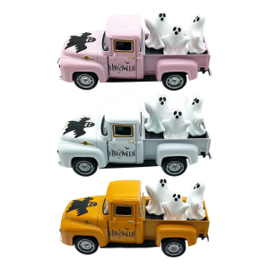 Halloween Metal Truck Model with Ghostly Ornament Vehicle Replicas Home Display Tiered Tray Fireplaces Decors Piece