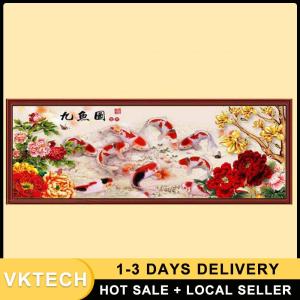 Home Wall Decor DIY 5D Peony and Nine Fish Diamond Cross Stitch Kit for Living Room Bedroom Embroidery Art