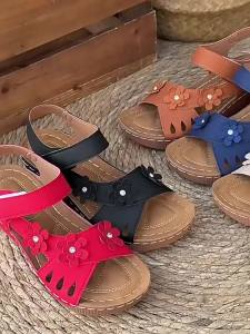 【Free Shipping】2026 Spring New Womens Wedge Heel Thick-Soled Sandals Large Size Peep-Toe Beach Sandals with Floral Decoration