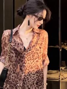 WomenS French Leopard Print Sheer Chiffon Blouse Summer Thin Layer Sun Protection Top