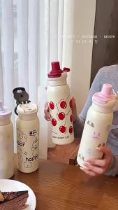 Sacesr Cute Ladies Ceramic Lined Large-Capacity Dual-Drink Straw Portable Car Thermos for Students B8T9H