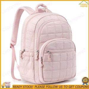 [CY] Nylon Quilted Casual Daypack Soft Waterproof Bookbag Fashion Adjustable Straps College Backpack for Girl 15.6 Inch Laptop
