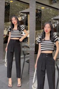 Quần tây dài nữ vải cotton 2 nút lưng cao màu đen có size đại