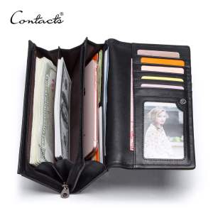 CONTACTS Genuine Leather Women Long Purse Female Clutches Money Wallets Brand Design Handbag for Cell Phone Card Holder Wallet