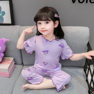 ชุดนอนเด็ก ชุดนอนเด็กหญิงผ้าไหมน้ำแข็งบาง ๆ ในฤดูร้อน เซ็ตชุดนอนกางเกงครอปแขนสั้น