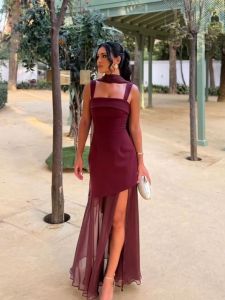 Elegant Womens Strap Ribbon Long Dress Vintage Mesh Patchwork Maxi Dresses Summer Evening Wedding Guest Burgundy Yellow 20262026