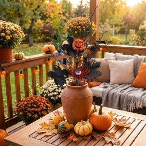 YOUSHI TOP Rùng rợn Cành bí ngô mắt cầu Halloween Mắt bí ngô Phong cách Gothic Cành hoa lá phong Lá phong hình nhãn cầu Thực tế Lá cây giả mùa thu Trong nhà