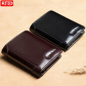 BANYANU Anti RFID Card Holder Genuine Leather Wallet Men Fashion Short Vertical Trifold Wallet for Men Black Coffee Color