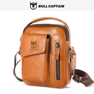 BULLCAPTAIN Top-Grain Leather Mens Soft Genuine Leather Vertical Crossbody Bag With Dedicated Phone Compartment